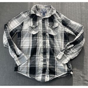 American Rag Plaid Western Button Shirt Mens S Black White Y2K Casual Cowboy